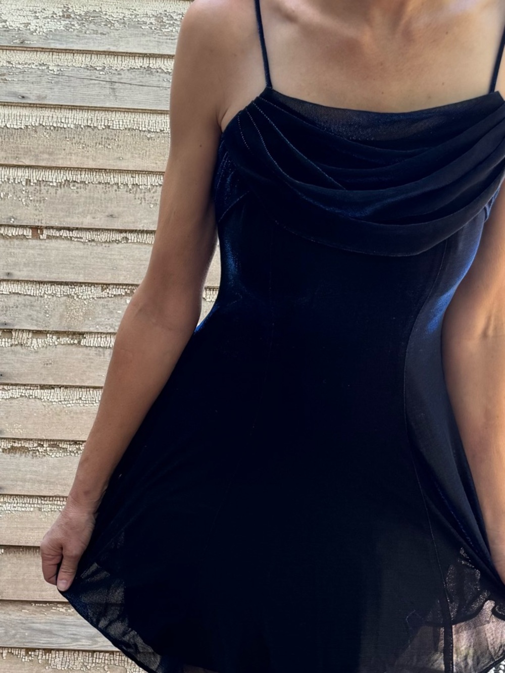 VTG Shimmery Midnight Blue Mini Dress with Drape Front and Fit and Flare Shape